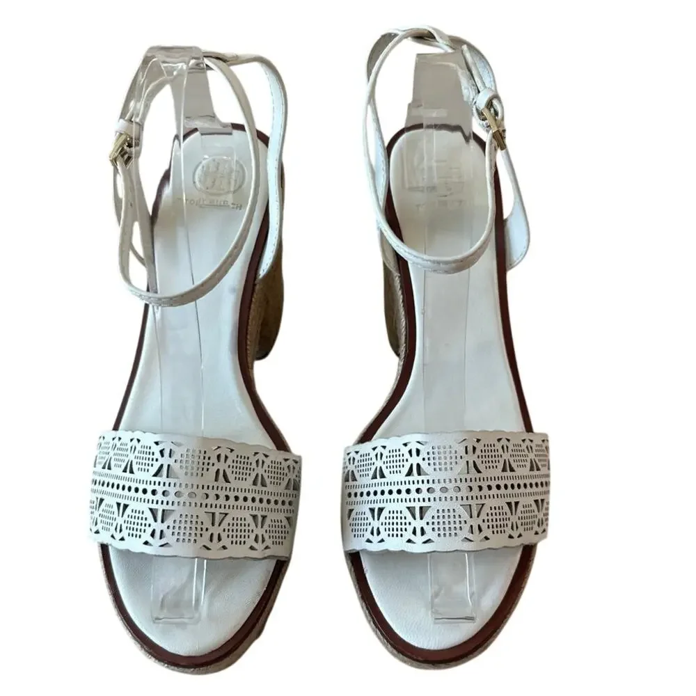 Tory Burch Roselle‎ Platform Espadrille Wedges White Leather 10